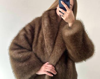 Women's Brown Faux Fur Coat – Old Money Style Outerwear for Women, Oversized Luxury Winter Coat, Marten Fluffy Short Wrap
