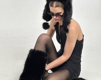 Black Faux Fur Leg Warmers, Fluffy Boot Covers, Y2K Goth Accessories, Vegan Boot Cuffs, Apres Ski Style