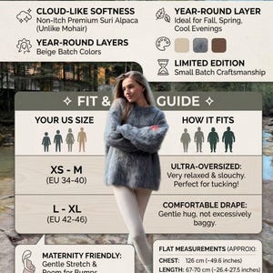 Puede incluir: Su&eacute;ter oversize de alpaca Suri en color gris suave. El su&eacute;ter es ultra-oversize y apto para maternidad. La medida del pecho es de aproximadamente 126 cm, y la longitud es de entre 67-70 cm. El texto en la imagen dice "Your Perfect All-Season Knit".
