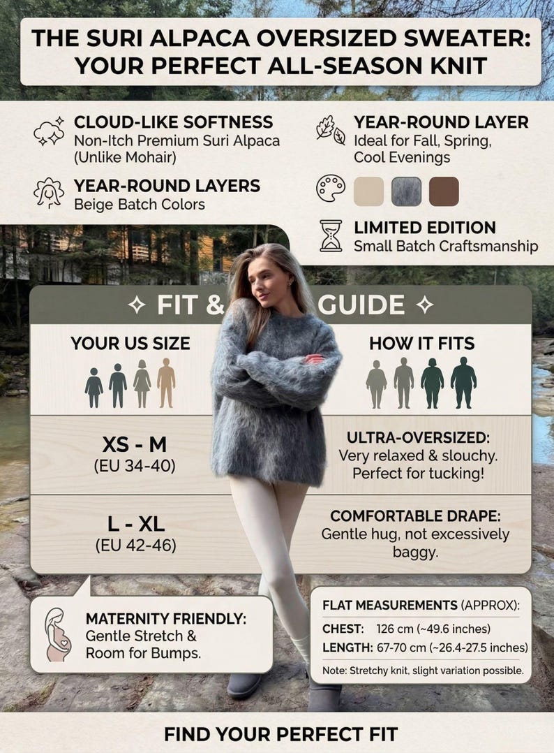Puede incluir: Su&eacute;ter oversize de alpaca Suri en color gris suave. El su&eacute;ter es ultra-oversize y apto para maternidad. La medida del pecho es de aproximadamente 126 cm, y la longitud es de entre 67-70 cm. El texto en la imagen dice "Your Perfect All-Season Knit".