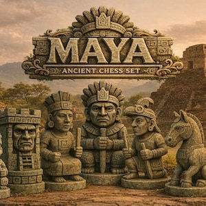 May include: A stone-textured chess set featuring carved figures inspired by Maya civilisation, including a pawn, rook, queen, king, bishop, and knight. The set is displayed with a decorative header reading MAYA ANCIENT CHESS SET.