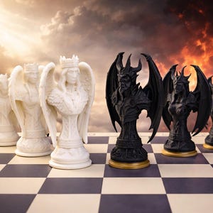 Puede incluir: Un juego de ajedrez con figuras de ángeles blancos y demonios negros. Las piezas de ajedrez son bustos detallados con alas y coronas, colocados sobre un tablero de ajedrez. El fondo muestra un cielo dramático.
