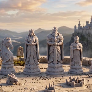 Könnte beinhalten: Ein Set aus hellgrauen Schachfiguren, bestehend aus Bauer, Springer, Dame, König, Läufer und Turm mit detaillierten Schnitzereien. Die Figuren sind auf einer steinernen Oberfläche angeordnet, die mit einer Karte versehen ist.