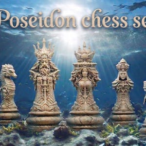 May include: A set of six beige chess pieces featuring intricate aquatic carvings, including a king with a trident, a queen, a seahorse knight, and a rook. The text Poseidon chess set is displayed in a decorative font above the pieces.