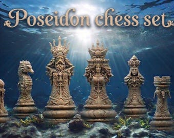 Scacchiera Poseidone - 32 pezzi degli scacchi a tema oceano, scacchi nautici, scacchi ispirati alla mitologia greca, statuette fantasy stampate in 3D