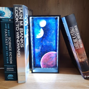 Może przedstawiać: Prostokątne, czarno obramowane dzieło sztuki o tematyce kosmicznej, przedstawiające niebiesko-fioletową galaktykę z dwoma księżycami i planetą. Sztuka jest wystawiona między kilkoma książkami, w tym jedną zatytułowaną "LOOK TO WINDWARD".