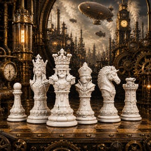 Steampunk schackspel – viktorianska schackpjäser, vintage fantasy schackspel, retro futurism, schackgåvor
