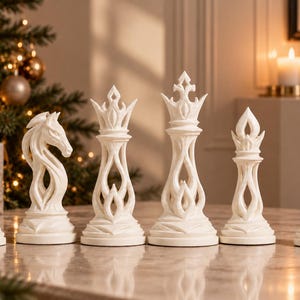 Könnte beinhalten: Ein Set aus sechs weißen Schachfiguren mit komplexen, durchbrochenen Gitterdesigns. Die Sammlung umfasst einen Bauern, Springer, Dame, König, Läufer und Turm, alle mit einer glatten, matten Oberfläche und detaillierten, verzierten Kronen.