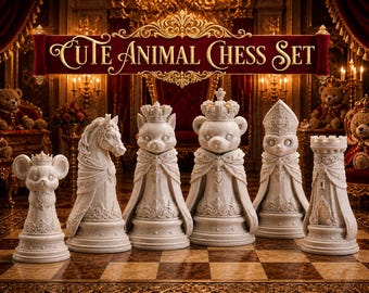 Joli jeu d'échecs avec des animaux - Pièces d'échecs en peluche, jeu d'échecs pour enfants, petites figurines d'animaux imprimées en 3D, jeux de famille