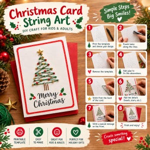 Può includere: Un kit fai-da-te per biglietti di Natale con string art, composto da un biglietto bianco con un albero di Natale in filo verde, una stella dorata e la scritta Merry Christmas. L'immagine mostra otto passaggi numerati per la creazione.