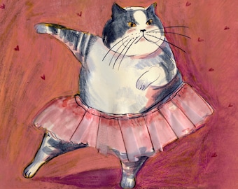 Lámina artística Giclée de una gata bailarina, dibujo de técnica mixta