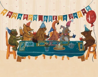 A4 Art Print, Giclèe print of Original Birthday Party Dinner at Teddy Bear and friends , Original mixed media drawing, home decor