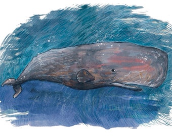 A4 Art Print, Giclèe print of Original Sperm Whale painting, Whale painting , Original mixed media drawing, home decor