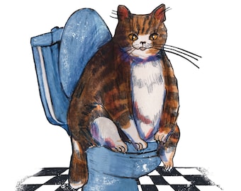 Art Print, Giclèe print of Original Cat in Bathroom painting , Original mixed media drawing, home  bathroom decor