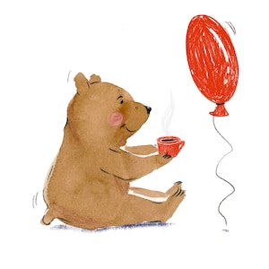 Post cards set of 5 with Teddy bear, red balloon, yoga, cup of tea image 1