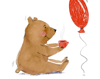 Post cards set of 5 with Teddy bear, red balloon, yoga, cup of tea