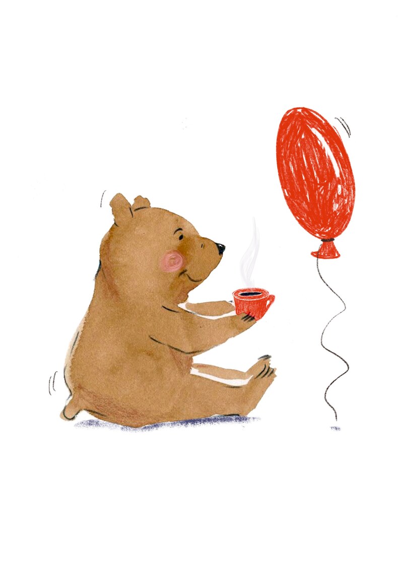 Post cards set of 5 with Teddy bear, red balloon, yoga, cup of tea image 1