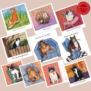 Mix & Match ansichtkaarten set 3,5 of 10, of slechts 1 kaart, Cute Cats met wensen om te genieten van het dagelijks leven, met de hand getekend, mix-media