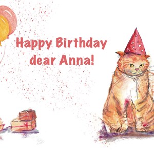 Carte d'anniversaire personnalisée, faite sur commande avec un chat d'anniversaire orange roux, des cadeaux et des ballons