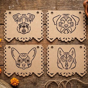 May include: Four rectangular tan paper panels with scalloped edges, each featuring a black line art illustration of a different dog breed: a schnauzer, a pug, a chihuahua, and a husky. Each panel has two circular holes at the top corners.
