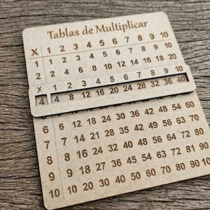 Puede incluir: Una tabla de multiplicar de madera clara con el texto Tablas de Multiplicar en la parte superior. La tabla incluye una pieza rectangular deslizante que resalta filas específicas de números del uno al diez y sus productos hasta cien.