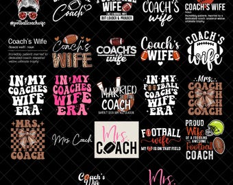 Ensemble PNG de la femme de l'entraîneur, citations de l'époque de la femme de football avec un arc de ballon pour casque, mariés fiers de la chemise de l'entraîneur, téléchargements numériques