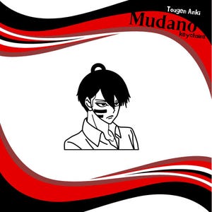 Könnte beinhalten: Schwarz-Weiß-Illustration eines Charakters mit ernstem Gesichtsausdruck, schwarzem Haar und einem markanten schwarzen Streifen im Gesicht. Der Text "Mudano keychains" und "Tougen Anki" ist in Rot und Weiß enthalten.