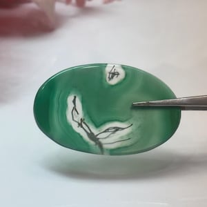 Könnte beinhalten: Ovaler grüner Edelstein mit weißen und schwarzen Adern. Der polierte Stein wird von einer Pinzette gehalten, die seine natürlichen Muster und Farbvariationen zeigt. Die Oberfläche des Edelsteins reflektiert das Licht.