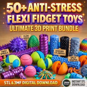 May include: A selection of vibrant 3D-printed flexi fidget toys, showcasing twist spirals, sensory cylinders, and split shapes. The image displays a variety of shapes and textures in purple, green, blue, pink, and orange. Text on the image reads "50+ Anti-Stress Flexi Fidget Toys".