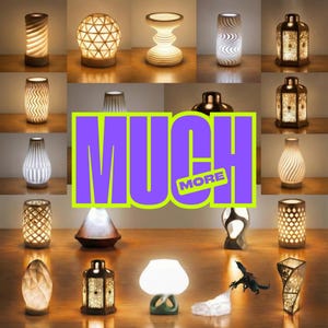 May include: A collection of illuminated lamps in various shapes and designs. The lamps are in shades of white, beige, and brown, with intricate patterns and textures. The image includes the text "MUCH MORE" in a large, colorful font.