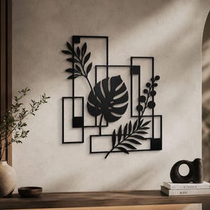 Geometric Monstera Metal Wall Art, Rectangular Tropical Palm Leaf Decor, Modern Sign