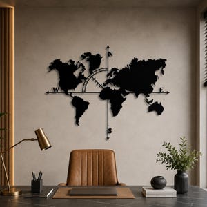 World Map Metal Wall Art, Industrial Design, Wanderlust Office Decor