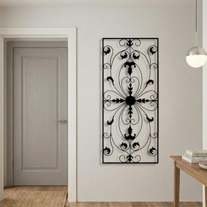 Vertical Filigree Metal Wall Art, Narrow Rectangular Scrollwork Panel, Entryway Decor