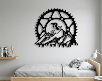 Metallkonst för mountainbike-drev, väggdekoration för MTB-cyklist, skylt för tonårsrum och garage