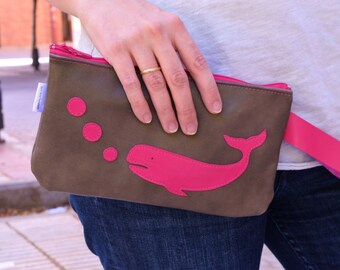 Leather pouch,ocean print pouch,makeup bag,whale print,leather bag pouch,leather clutch,pink leather,leather coin purse,fish print pouch