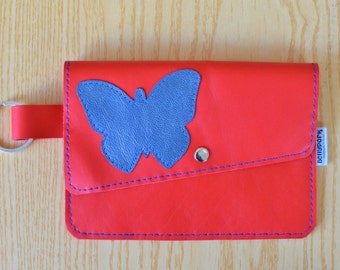 Leather coin purse,butterfly coin purse,red leather purse,red coin purse,leather pouch,leather red pouch,leather butterfly purse