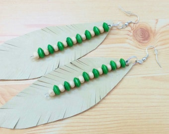 Leather earrings, dangle earrings,green earrings,beaded earrings,long earrings,leather dangle,leather jewelry,cream leather,green jewelry