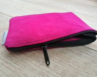 Pink coin purse,zippered coin purse,suede coin purse,zippered purse,pink leather purse,leather coin purse,black and pink,zippered pouch