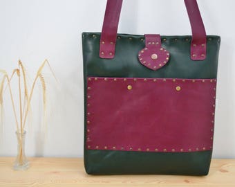 Leather tote,leather tote bag,green tote, dark red tote,leather purse bag,leather handbag,leather totes,large tote bag,large purse,shopping
