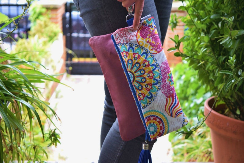 Pink leather bag,pink leather handbag,foldover clutch,mandala handbag,mandala pink purse,pink purse bag,tassel handbag,foldover handbag image 2
