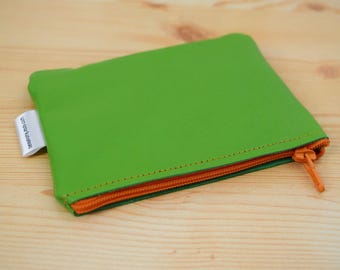 Leather coin purse,coin purse,green leather purse,green coin purse,leather wallet,zippered coin purse,zippered pouch,leather pouch,orange