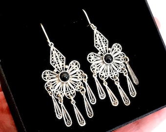 Sterling Silver Flower Earrings, Lightwher Filigree Dangle Earrings, Unique Chandelier Design, Inlaid With Gemstones - ID82