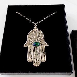 Sterling Silver 925 Hamsa Pendant Necklace, Silversmith Large Hand Of Fhtima Artisan Filigree Art, Unisex 3.2 X 2 Inches Pendant - ID2025