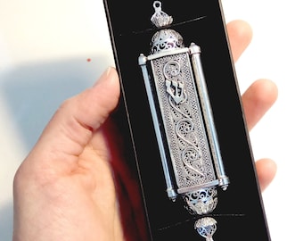 Strling Silver Mezuzah Case, Silversmith Filigree Mezuzah For Door, Judaica - ID543