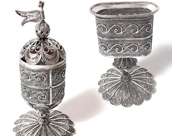 Exclusive Havdalah Set, Sterling Silver 925, Filigree, Havdalah Candle Holder And Besamim, Silversmith Judaica Art - ID616-654