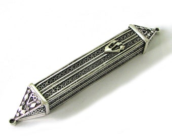 Sterling Silver Mezuzah Case, Filigree Doorpost Mezuzah Cover, Handmade Judaica, Can Be Ordered With Or Without Kosher Scroll - ID509