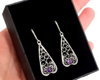 Filigree Dangle Light Earrings For Women, Made from Sterling Silver, Encrusted With Gemstones, Silversmith Handmade Jewelry - ID1031