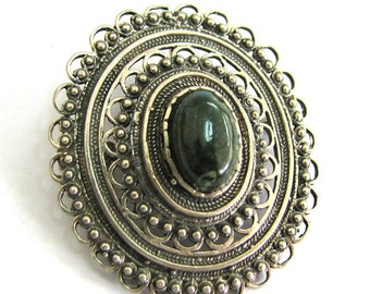 Ethnic Sterling Silver Brooch Pin, Yemenite Filigree, Studded With A Gem, Onyx, Amethyst Or Azurite - ID113