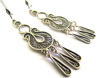 Sterling Silver Filigree Earrings, Long Dangle Ethnic Earrings, Lightweight Chandelier Earrings, Women's Jewelry, Artisan Boho Chick ID1026