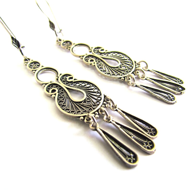 Sterling Silver Filigree Earrings, Long Dangle Ethnic Earrings, Lightweight Chandelier Earrings, Women's Jewelry, Artisan Boho Chick ID1026 image 1